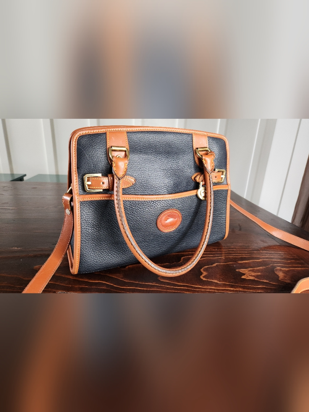 Dooney & Bourke Black Pebbled Leather Bag with Tan Trim